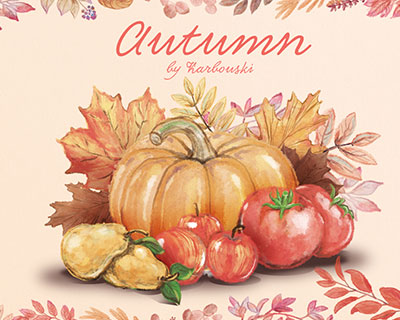 手绘水彩秋季元素南瓜落叶花环素材