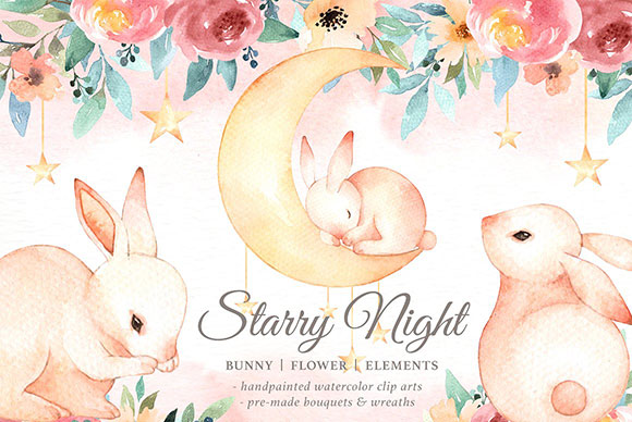 水彩免抠手绘淡彩兔子花环星星月亮插画素材1