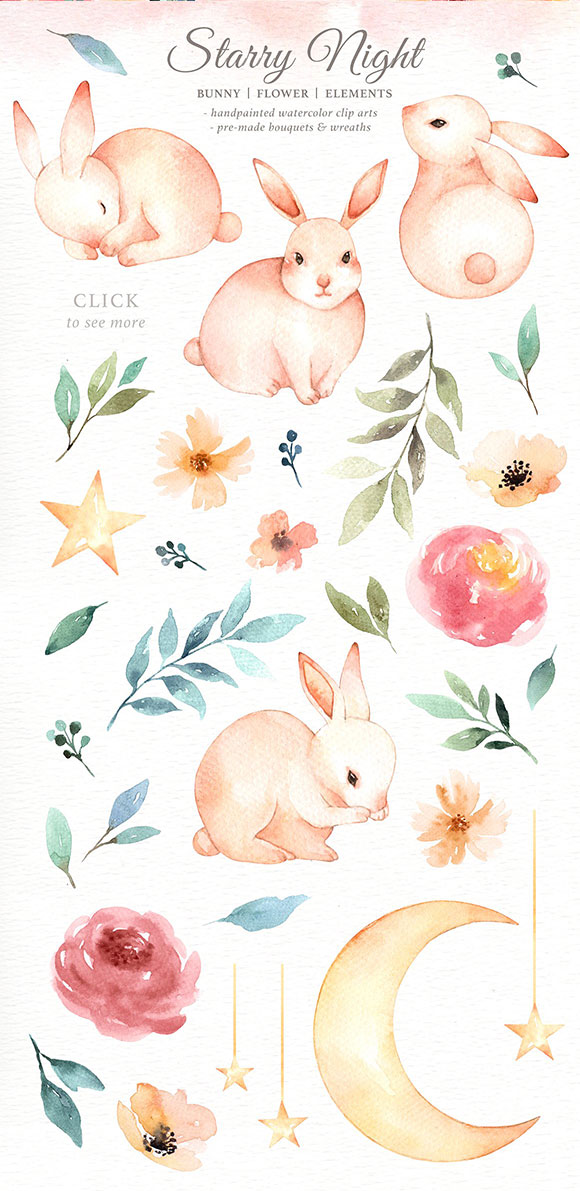 水彩免抠手绘淡彩兔子花环星星月亮插画素材2