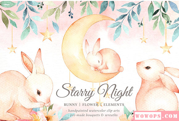 水彩免抠手绘淡彩兔子花环星星月亮插画素材4