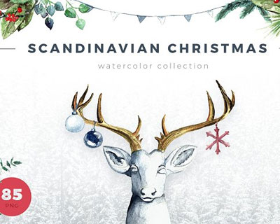 水彩圣诞节鹿头袜子装饰元素背景图案素材