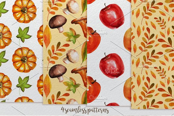 秋天水彩南瓜蘑菇苹果花叶植物插画设计6