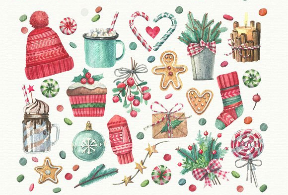 水彩圣诞新年蛋糕烘焙礼品糖果花环圣诞树装饰插图2