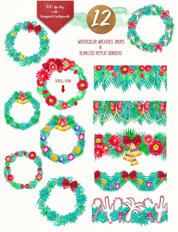 圣诞水彩仙人掌棕榈树花礼物花环插画设计3