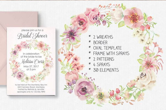 水彩唯美粉色花卉花框花环元素婚礼请柬设计2