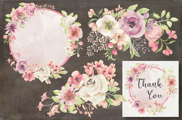 水彩唯美粉色花卉花框花环元素婚礼请柬设计5