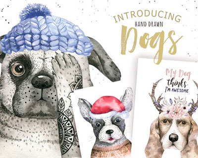 水彩手绘动物狗新年圣诞装饰画元素