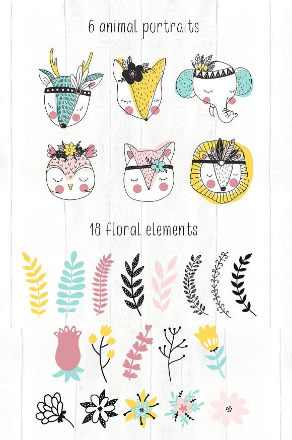 手绘卡通动物植物26个英文字母插画元素3