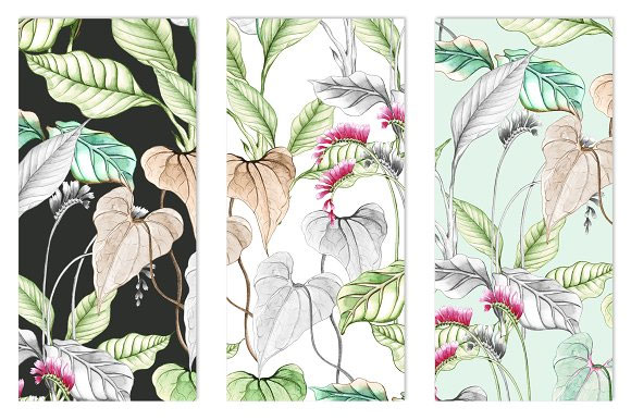 手绘异国丛林热带绿色植物插画无缝背景素材3