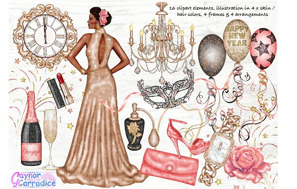 时尚水彩女孩香槟气球新年时装插图素材1