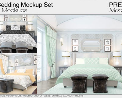 室内欧式卧室窗帘地毯床品四件套装饰画样机素材