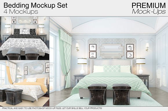 室内欧式卧室窗帘地毯床品四件套装饰画样机素材1