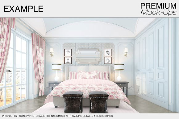 室内欧式卧室窗帘地毯床品四件套装饰画样机素材6
