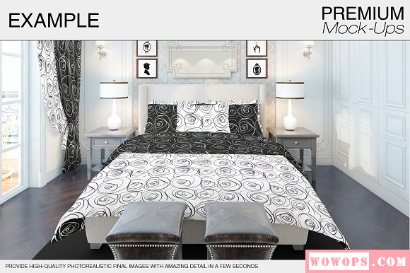 室内欧式卧室窗帘地毯床品四件套装饰画样机素材10