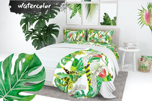 水彩热带绿色奇异丛林叶子花卉植物图案素材4