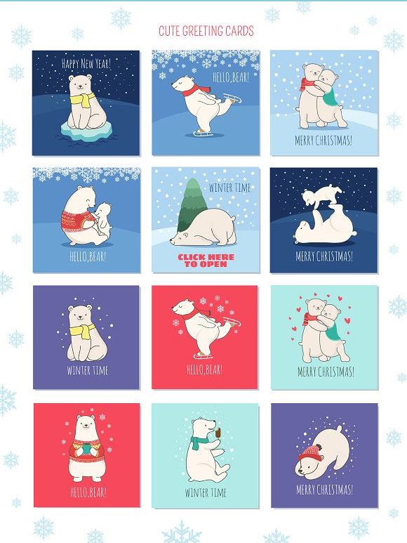 手绘圣诞贺卡可爱动物花环北极熊设计3