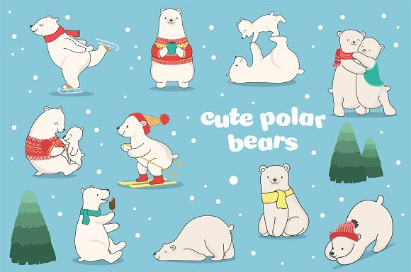 手绘圣诞贺卡可爱动物花环北极熊设计2