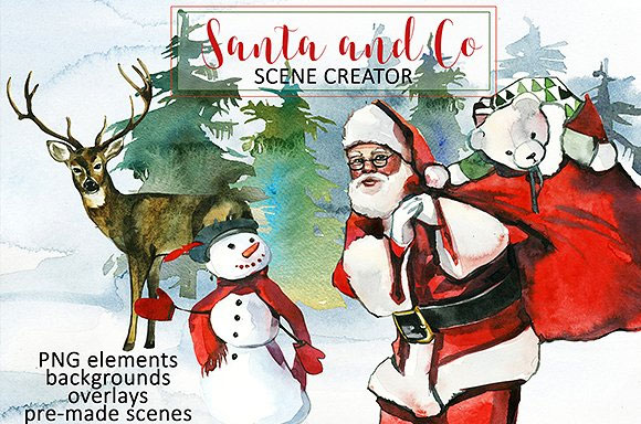 水彩冬季森林圣诞老人装饰元素插画素材1