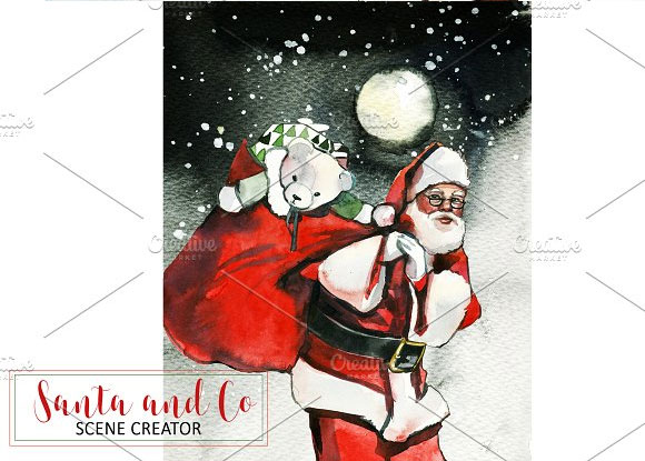 水彩冬季森林圣诞老人装饰元素插画素材3