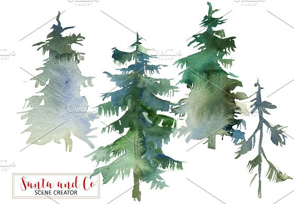 水彩冬季森林圣诞老人装饰元素插画素材7