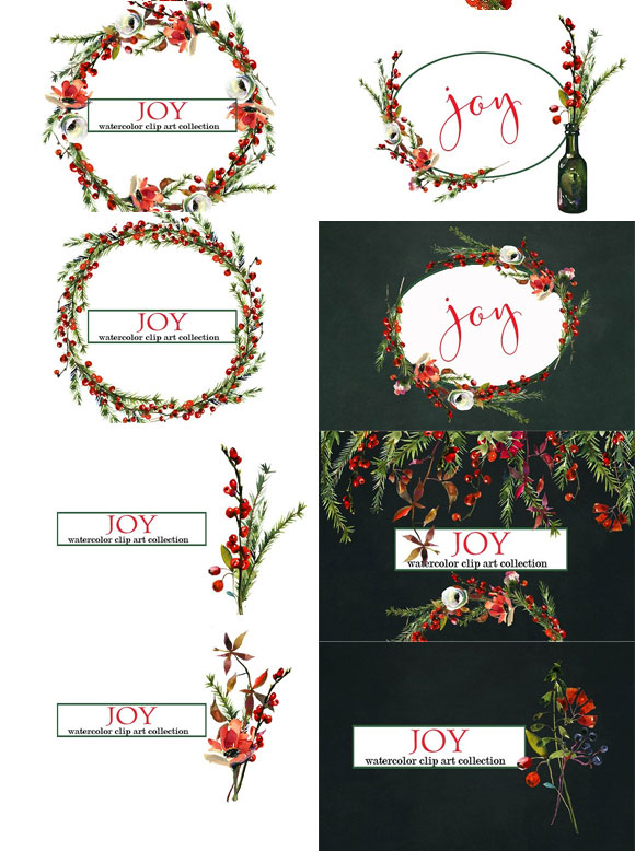 水彩红色花卉浆果圣诞海报贺卡插画素材2