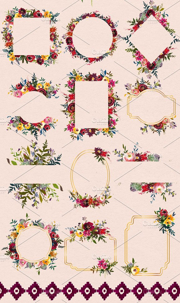 唯美水彩花卉花环花框婚礼花束装饰元素5