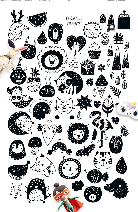 创意黑白童趣26个英文字母装饰元素图案背景素材2