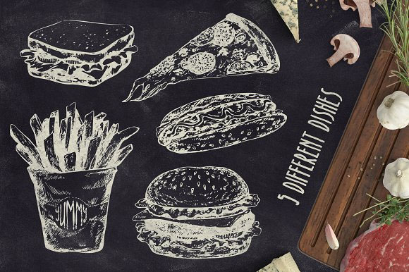 手绘素描快餐汉堡薯条面包插图素材2