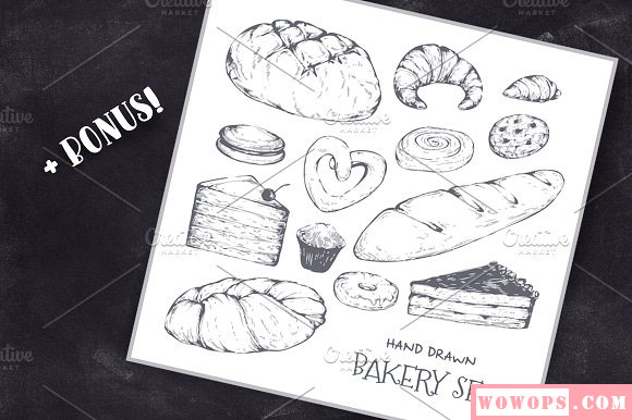 手绘素描快餐汉堡薯条面包插图素材4