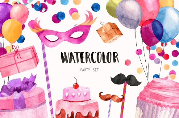 水彩卡通生日庆祝派对礼品盒蛋糕气球等插画素材1