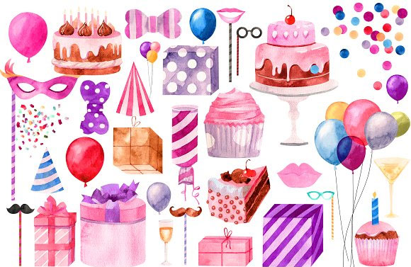 水彩卡通生日庆祝派对礼品盒蛋糕气球等插画素材2