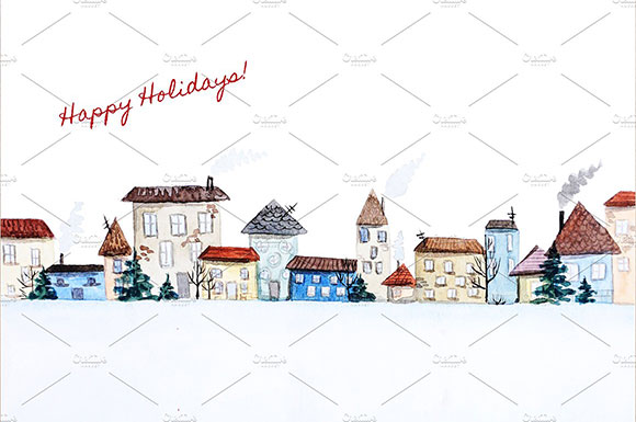 水彩冬季圣诞节新年贺卡饼干雪人狗圣诞树城市插画2