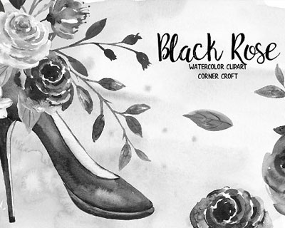 手绘艺术黑玫瑰高跟鞋花卉水彩插画