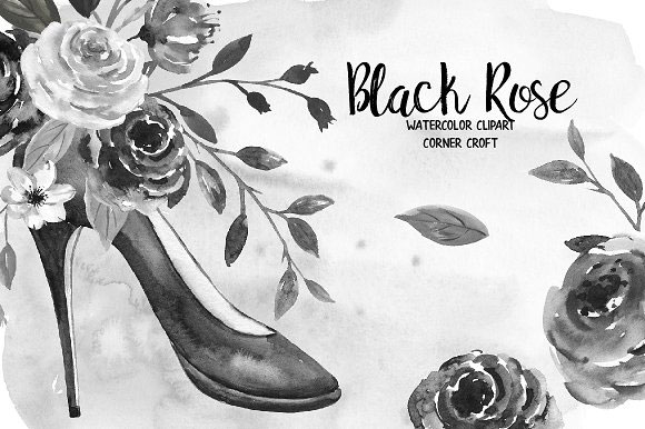 手绘艺术黑玫瑰高跟鞋花卉水彩插画1