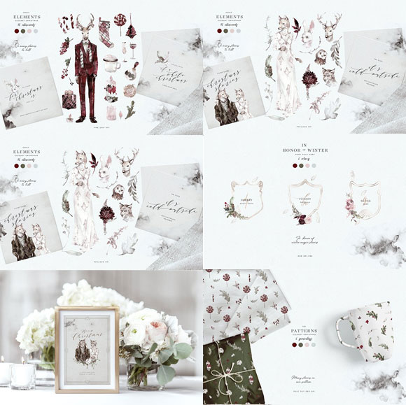 圣诞水彩婚礼花束花卉几何框架动物人物素材下载2