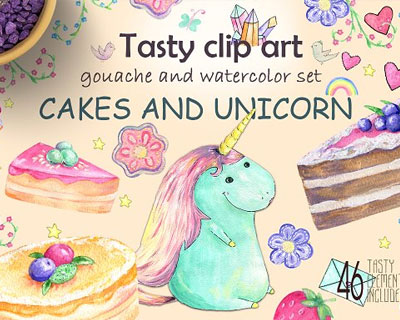 儿童生日派对水彩插画独角兽蛋糕鸟心形PNG素材