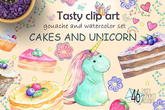 儿童生日派对水彩插画独角兽蛋糕鸟心形PNG素材1