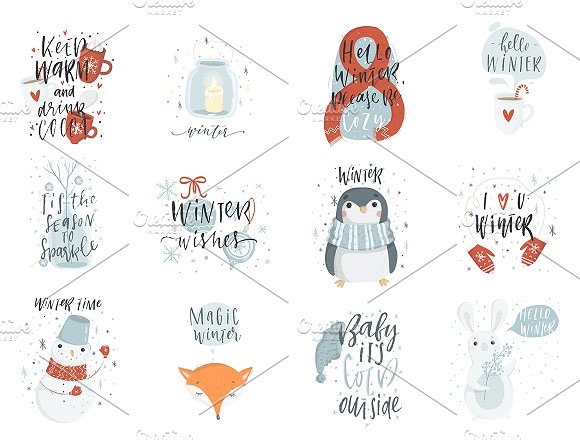 小清新冬季企鹅雪人动物卡片装饰元素下载2