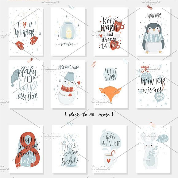小清新冬季企鹅雪人动物卡片装饰元素下载4