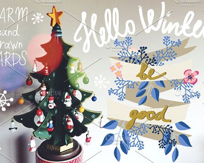 清新你好冬天圣诞树装饰庆祝元素插画素材