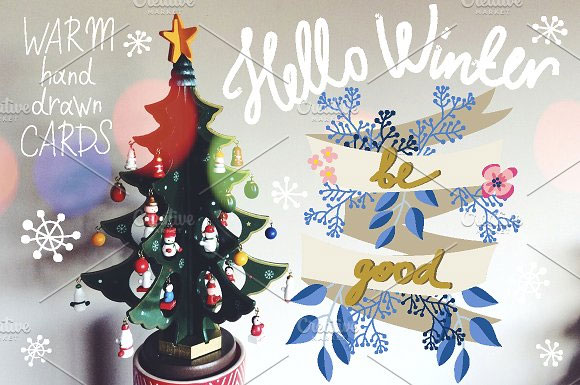 清新你好冬天圣诞树装饰庆祝元素插画素材1
