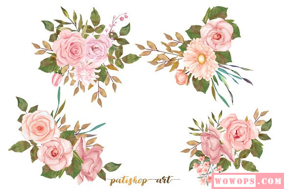手绘水彩粉红色花卉花簇装饰插画素材3