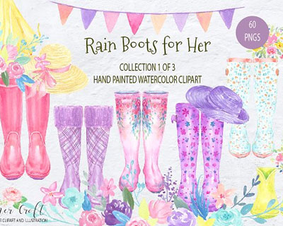 手绘水彩花朵花束漂亮水鞋雨鞋PNG素材