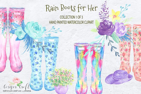 手绘水彩花朵花束漂亮水鞋雨鞋PNG素材5