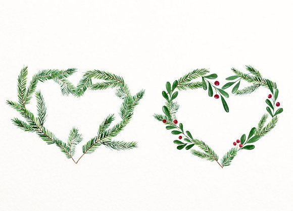手绘水彩圣诞松树枝花环浆果插画素材4