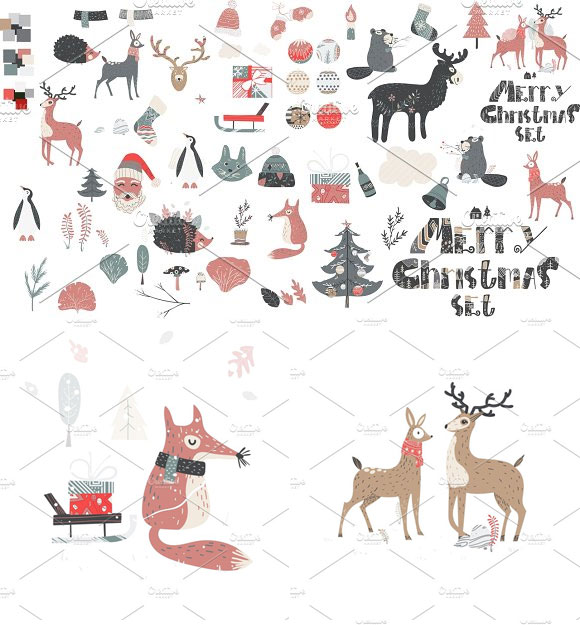 卡通可爱圣诞节动物植物插画印花背景素材2