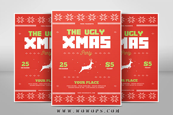 喜庆红色毛衣针织样式圣诞节活动派对海报设计1