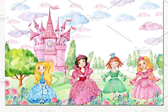 水彩手绘童趣公主城堡白云树木插画素材4