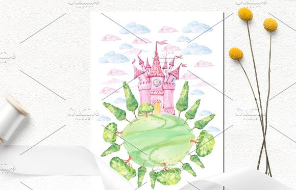 水彩手绘童趣公主城堡白云树木插画素材5