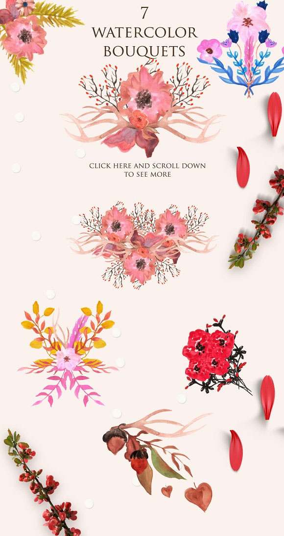 小清新秋季水彩花卉花束花环装饰花边插画素材4